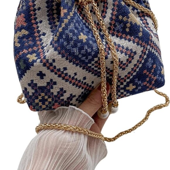 Blue White Multi Mini Plaid Drawstring Tote Bag Casual Boho Shoulder Handbag - Picture 4 of 7